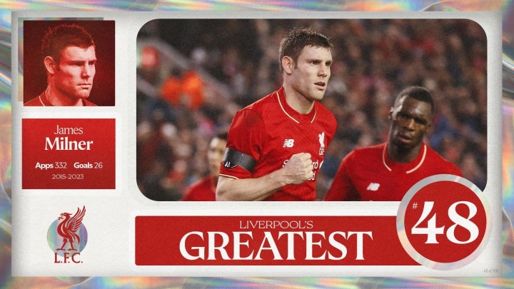 利物浦官方百大球星再揭三位：吉米·凯斯第49，米尔纳第48，雷斯贝克第47