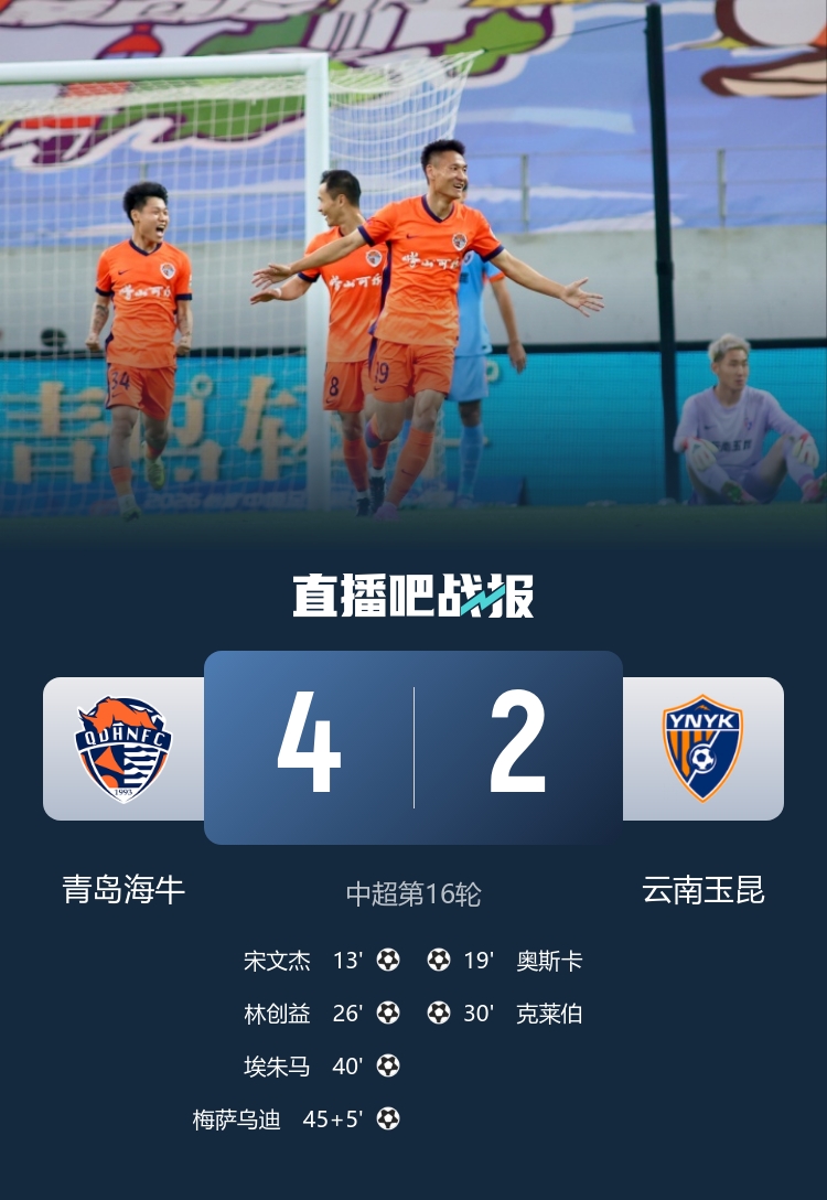 海牛4-2终结4连败 宋文杰2传1射林创益0度角破门