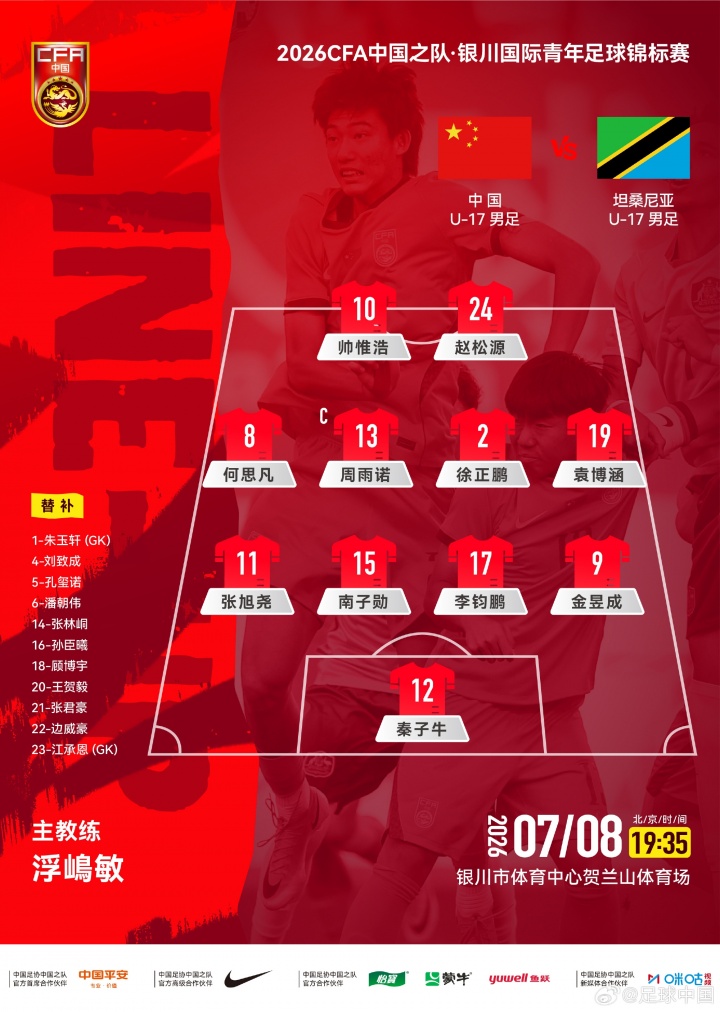 中国U-17公布对坦桑尼亚首发阵容