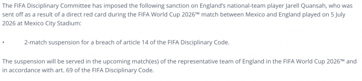 英足总无法对宽萨两场禁赛上诉 FIFA未引用第27条致巴洛贡缓刑不适用 英足总无法对宽萨两场禁赛上诉 FIFA未引用第27条致巴洛贡缓刑不适用