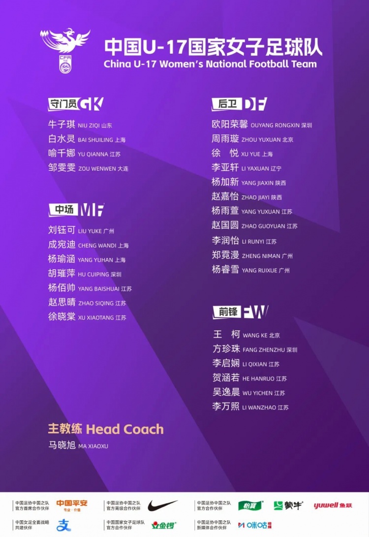 U17女足集训名单出炉:江苏11人领衔,马晓旭挂帅备战世界杯