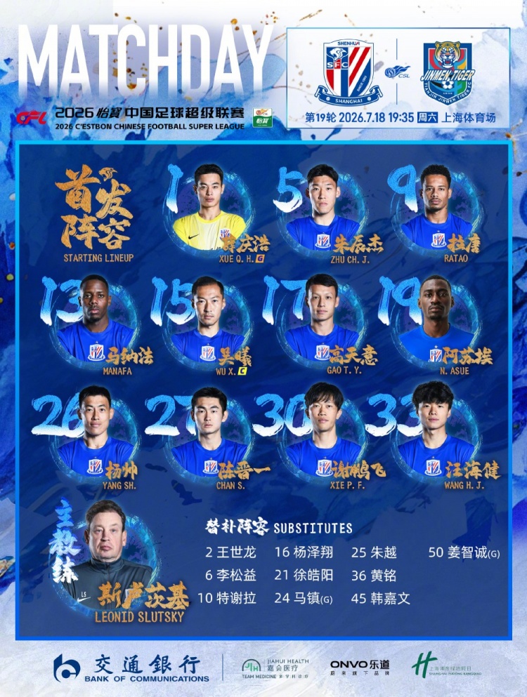 申花轮换三将，津门虎格兰特复出对阵
