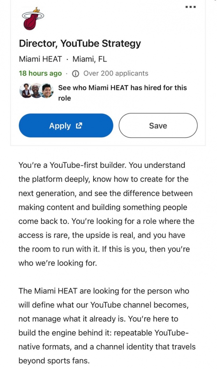 热火YouTube闹乌龙：误发詹姆斯加盟直播预告 招聘战略总监已超200人申请